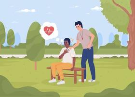 Sportsman with heart attack in park flat color vector illustration. Trainer caring for sick student. Pain in chest. Fully editable 2D simple cartoon characters with landscape on background