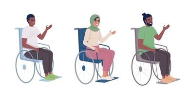 Disabled patients in wheelchairs semi flat color vector characters set. Editable figures. Full body people on white. Simple cartoon style illustrations collection for web graphic design and animation