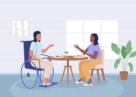 Disabled woman having dinner with friend flat color vector illustration. Inclusion and diversity in everyday life. Fully editable 2D simple cartoon characters with restaurant on background