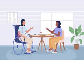 Disabled woman having dinner with friend flat color vector illustration. Inclusion and diversity in everyday life. Fully editable 2D simple cartoon characters with restaurant on background