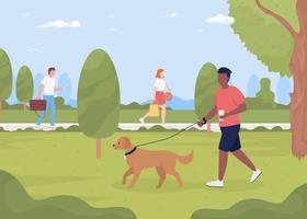 Man walking dog in summer park flat color vector illustration. People in public place. Spending time in city garden. Fully editable 2D simple cartoon characters with landscape on background