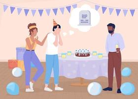 Fear of death at birthday party flat color vector illustration. Man scared of growing old. Depression symptom. Fully editable 2D simple cartoon characters with served table on background