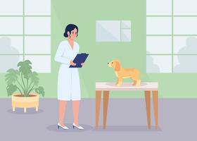 Veterinarian doc examining dog flat color vector illustration. Medical help for animals. Vet healthcare service. Fully editable 2D simple cartoon character with hospital ward on background