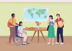 Disabled woman with groupmates in canteen flat color vector illustration. Inclusion in education. Equity program. Fully editable 2D simple cartoon characters with college cafe on background