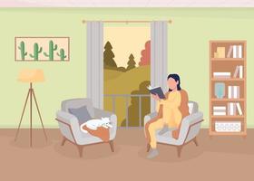mujer leyendo un libro en casa ilustración vectorial de color plano. comodidad doméstica. dama con gato disfrutando del descanso. personaje de dibujos animados simple 2d completamente editable con sala de estar en el fondo vector