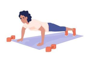 mujer haciendo flexiones de carácter vectorial de color semiplano. figura editable. persona de cuerpo completo en blanco. ilustración de estilo de dibujos animados simple de entrenamiento deportivo para diseño gráfico web y animación vector