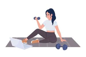 mujer entrenando con lección de video carácter vectorial de color semiplano. figura editable. persona de cuerpo completo en blanco. actividad deportiva ilustración de estilo de dibujos animados simple para diseño gráfico web y animación vector