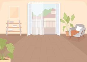 Open entrance to terrace flat color vector illustration. Empty hotel room. Comfortable apartment ready for tenants. Fully editable 2D simple cartoon interior with cityscape on background