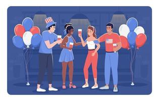 Patriotic party for Independence Day flat color vector illustration. Celebrating 4th of July with friends. Giving toasts. Fully editable 2D simple cartoon characters with bar counter on background