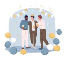 Male friends at bachelor party 2D vector isolated illustration. Prewedding event. Groom with friends flat characters on cartoon background. Colourful editable scene for mobile, website, presentation