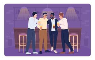 Male friends relaxing in bar after work hours flat color vector illustration. Participating in bachelor party. Fully editable 2D simple cartoon characters with bar counter on background