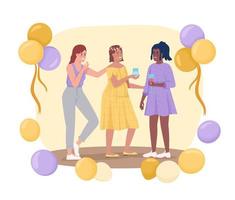 Gender neutral baby shower with balloons 2D vector isolated illustration. Expectant mom with friends flat characters on cartoon background. Colourful editable scene for mobile, website, presentation