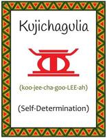 A card with one of the Kwanzaa principles. Symbol Kujichagulia means Self-determination in Swahili. Poster with an ethnic African pattern in traditional colors. Vector illustration