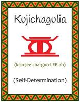 A card with one of the Kwanzaa principles. Symbol Kujichagulia means Self-determination in Swahili. Poster with an ethnic African pattern in traditional colors. Vector illustration