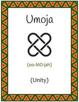 A card with one of the Kwanzaa principles. Symbol Umoja means Unity in Swahili. Poster with an ethnic African pattern in traditional colors. Vector illustration