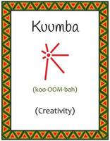 A card with one of the Kwanzaa principles. Symbol Kuumba means Creativity in Swahili. Poster with an ethnic African pattern in traditional colors. Vector illustration