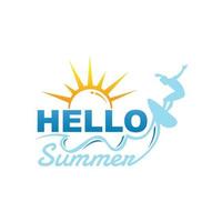 Hello Summer background with surfing men on abstract graphic shape design vector