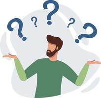 Confused person surrounded by question marks vector