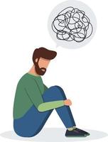 Man with confused thoughts sitting on the floor vector