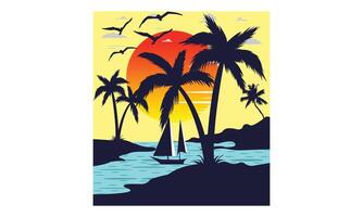 Island Natural Summer Sunset vector and Illustrations Design. Background with digital illustration of the natural landscape Creative Kids, and Summer Theme Vector Illustration.