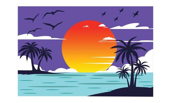Hand drawn vector abstract cartoon summer time graphic illustrations art  template background with ocean beach landscape,pink sunset,boys and girls  on beach scene and summer never ends typography Stock Vector