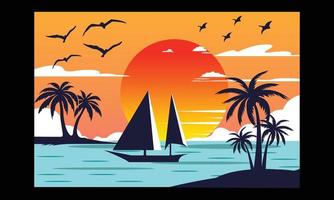 Island Natural Summer Sunset vector and Illustrations Design. Background with digital illustration of the natural landscape Creative Kids, and Summer Theme Vector Illustration.