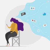 Women sit down and think of social media. Flat character design illustration. Eps 10 vector
