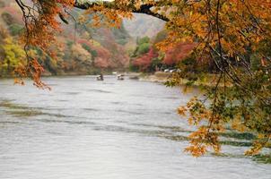 Colorful maple leaves in Autumn season at Katsura river in Arashiyama, Kyoto city in Japan. photo