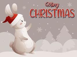 Holiday card, Merry Christmas letter with cartoon rabbit in hat on gray background vector