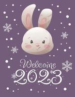 Greeting card with welcome 2023 and face of cartoon rabbit vector