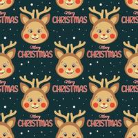 Christmas pattern with Merry Christmas wish and cartoon deer on gray-blue background vector