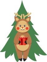 Cartoon reindeer with gift with Christmas tree on transparent background vector