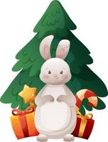 Cartoon rabbit, hare, symbol of 2023 with gifts and Christmas tree on transparent background vector