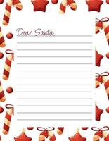 Letter template for letters to Santa Claus with caramel cane and Christmas tree toys on white background vector