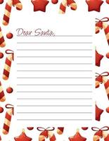 Letter template for letters to Santa Claus with caramel cane and Christmas tree toys on white background vector