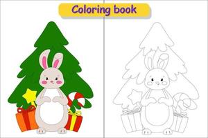 Children's coloring book Christmas tree, rabbit and gifts picture in color and without color vector