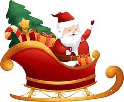 Cartoon sleigh with laughing Santa Claus, gifts and Christmas tree on transparent background vector
