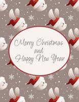 Happy Christmas and New Year 2023 greeting card with cartoon rabbit in hat on gray background vector