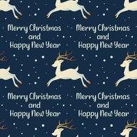 Christmas pattern with merry Christmas and happy new year with white reindeer on dark blue background vector