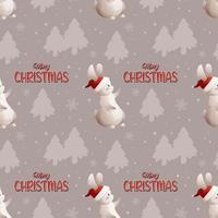 Christmas pattern with wish and rabbit in hat on gray background with snow and Christmas trees vector