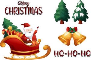 Cartoon Christmas set with sleigh, Santa Claus, bells, Christmas tree, Merry Christmas and ho-ho-ho vector