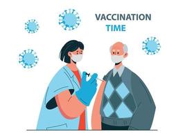 Doctor gives the old man an injection of the flu vaccine. The concept of vaccination of the elderly. Vector illustration