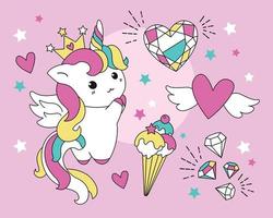 lindo unicornio en estilo kawaii. ilustración vectorial con un personaje para una tarjeta de felicitación, camisetas impresas vector