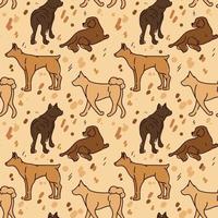 Pattern Drawing with different dogs in different poses. Graphic drawings of dogs with brown lines and spots, dots, strokes. Suitable for printing on paper and textiles. Gift wrapping, clothing vector