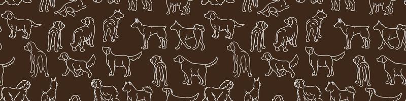 Pattern black Drawing with dogs in different poses. Line graphics on a dark background. Light lines on dark. Suitable for printing on paper and textiles. Gift wrapping, clothing. vector