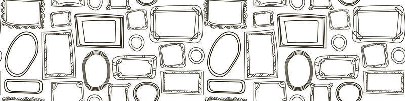 A pattern of doodle-style frames. Black outline on a white background. Suitable for printing on paper and textiles. Repeating frames. Gift wrapping. Stylish print. Mix, horizontal arrangement. vector