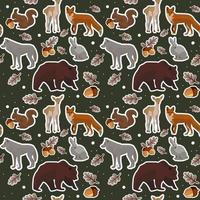 A pattern on a dark green background with forest animals and acorns. Animals with a white outline, like stickers. Suitable for printing on paper and textiles. Gift wrapping, children's clothing. vector