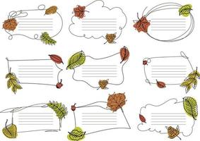 Notebook labels with autumn leaves in hand-drawn style. Doodle stickers. Book stickers vector
