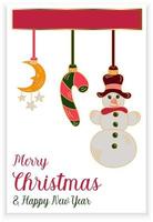 diseño de tarjeta de felicitación de navidad con tres decoraciones y texto de feliz navidad y feliz año nuevo vector
