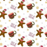 Christmas seamless pattern with gingerbread cookies and cup of tea on white background vector